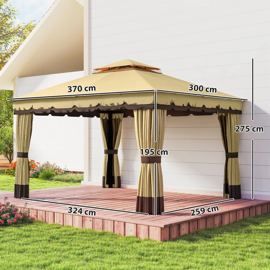 Pérgola de Jardim 3,7x3 m com Teto Duplo 4 Cortinas e Mosquiteira Estrutura em Aço Orifícios de Drenagem UV30+ Bege