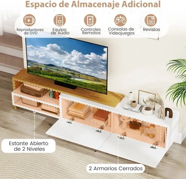 Móvel de TV 181 x 31 x 41 cm moderno com prateleiras de armazenamento Branco e Natural