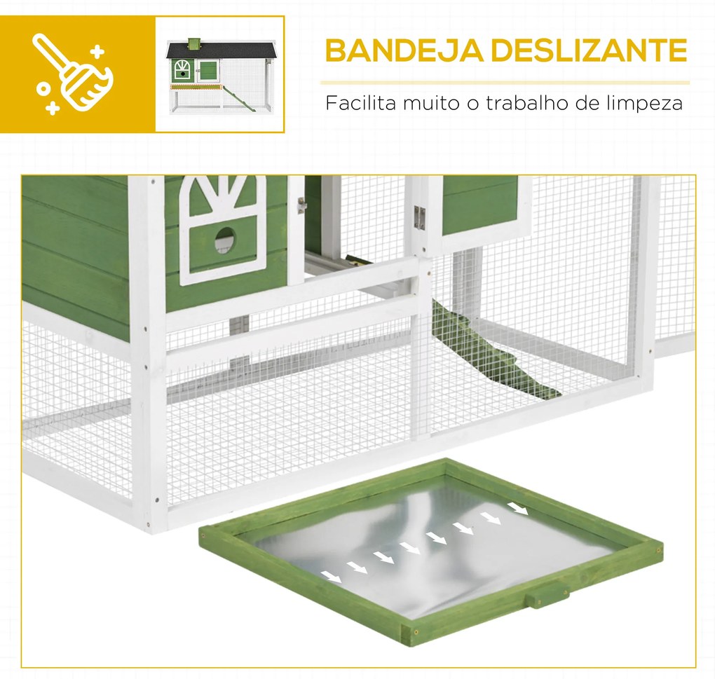 Coelheira de Madeira 120x60x79 cm Coelheira com Teto Asfáltico Bandeja Removível Escada e Chaminé para Exterior Verde