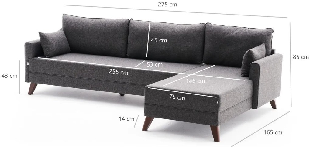 Sofá de Canto Bella – Antracite – 275 cm x 85 cm x 81 cm