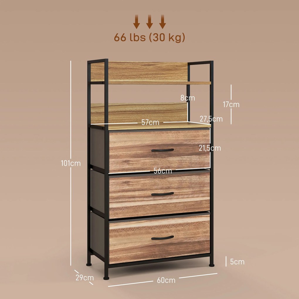 Móvel de arrumação de estilo industrial, com 3 gavetas tecido e 2 prateleiras - 60 x 29 x 101 cm - MDF e metal natural, preto