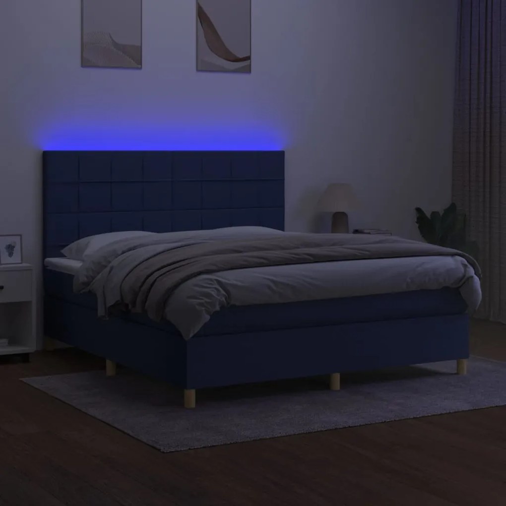 Cama box spring c/ colchão e LED 160x200 cm tecido azul