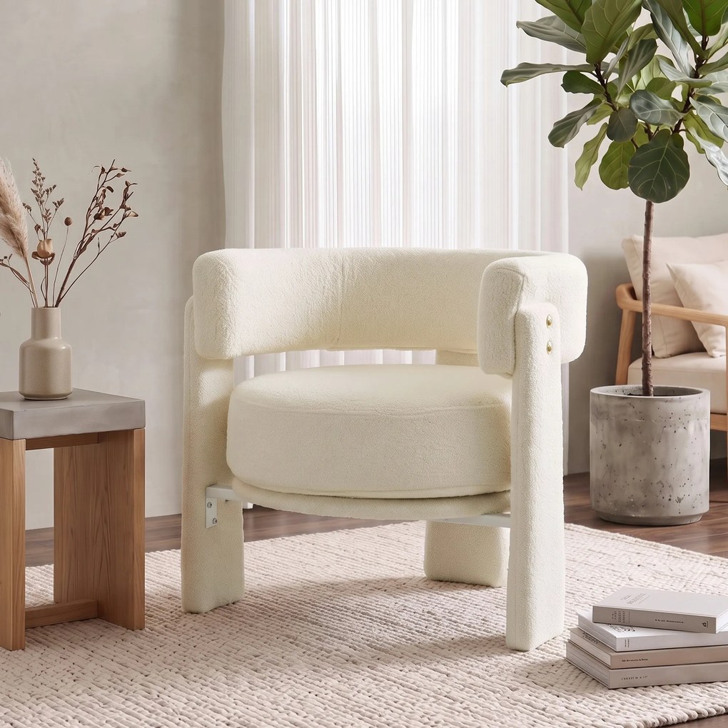 Poltrona em Tecido Bouclé com Almofada Lombar Assento Profundo Acolchoado e Braços Branco-Creme