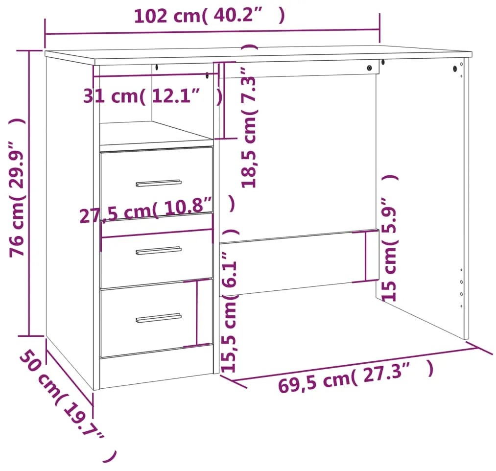 Secretária c/ gavetas 102x50x76 derivados madeira cinza sonoma
