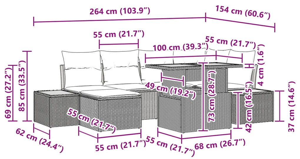 Conjunto de Jantar de Jardim com 7 Peças e Almofadas em Rattan Sintéti