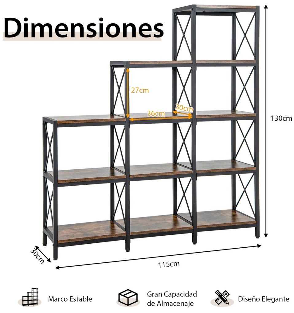 Estante escalonada em aço carbono com 9 cubos Estante aberta com 12 prateleiras 115 x 30 x 130 cm Castanho