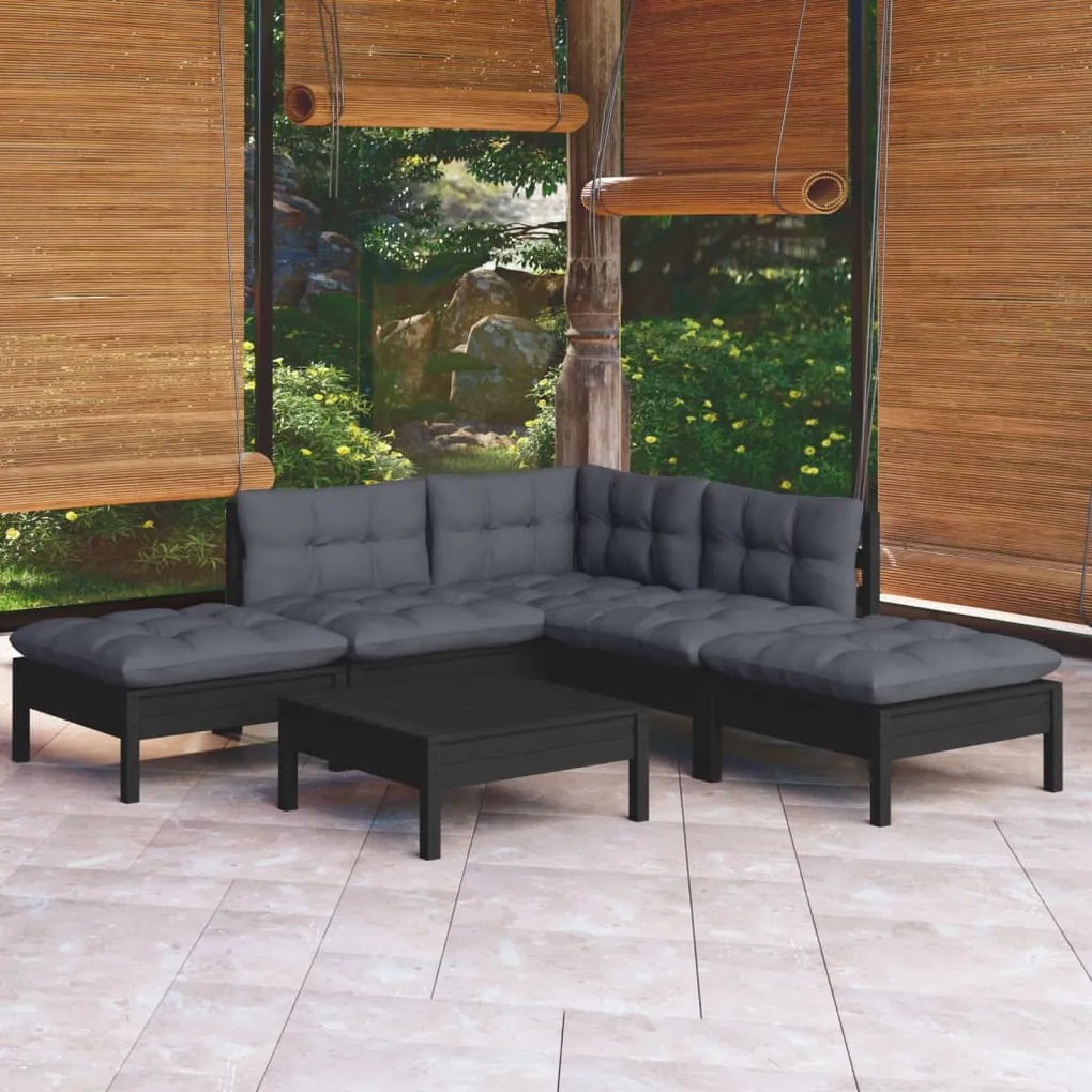 vidaXL 6 pcs conjunto lounge de jardim c/ almofadões pinho preto
