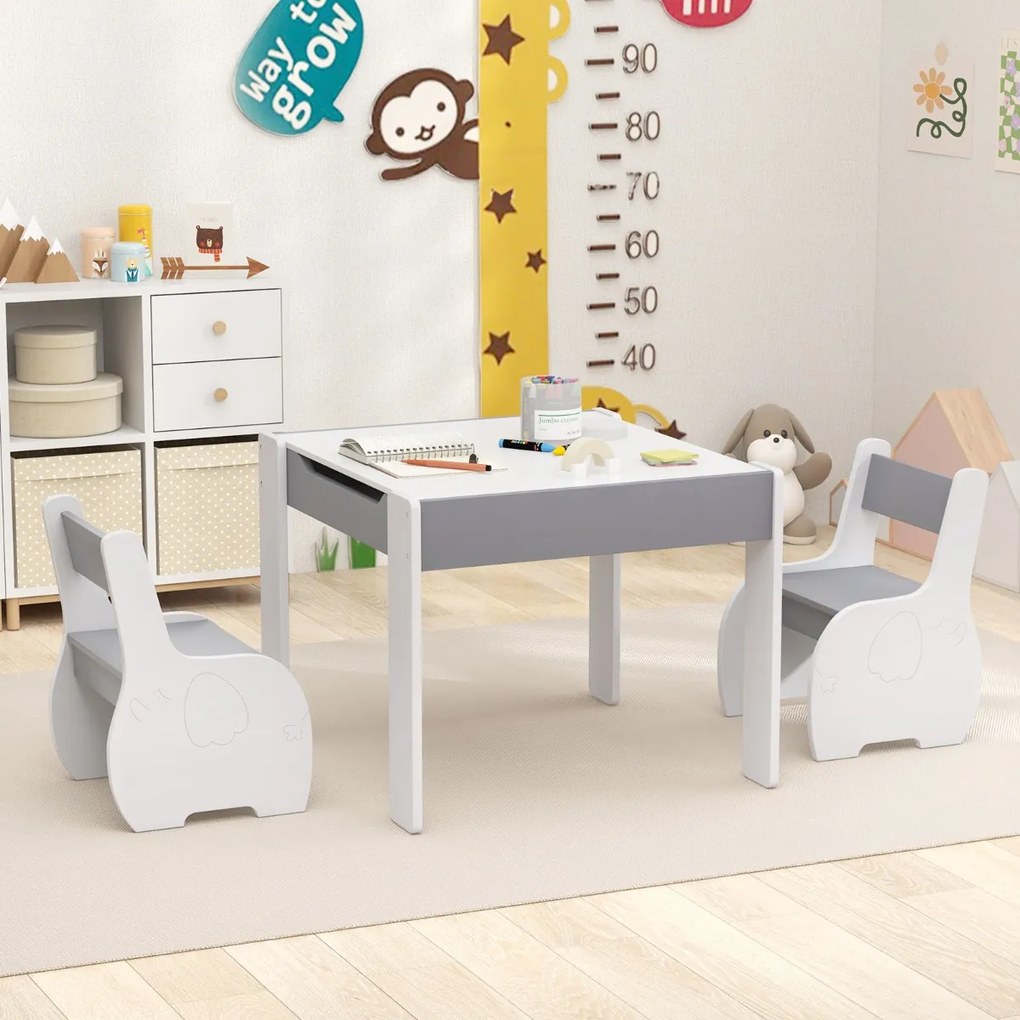 Conjunto de mesa e 2 cadeiras para crianças Mesa de atividades em madeira 4 em 1 para arte, desenho, leitura e quadro removível Cinzento e branco