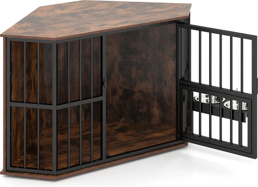 Gaiola de canto para cães 114 x 60 x 68 cm com comedouro ajustável, 2 tigelas de aço inoxidável, porta com fechadura e pés ajustáveis, castanho