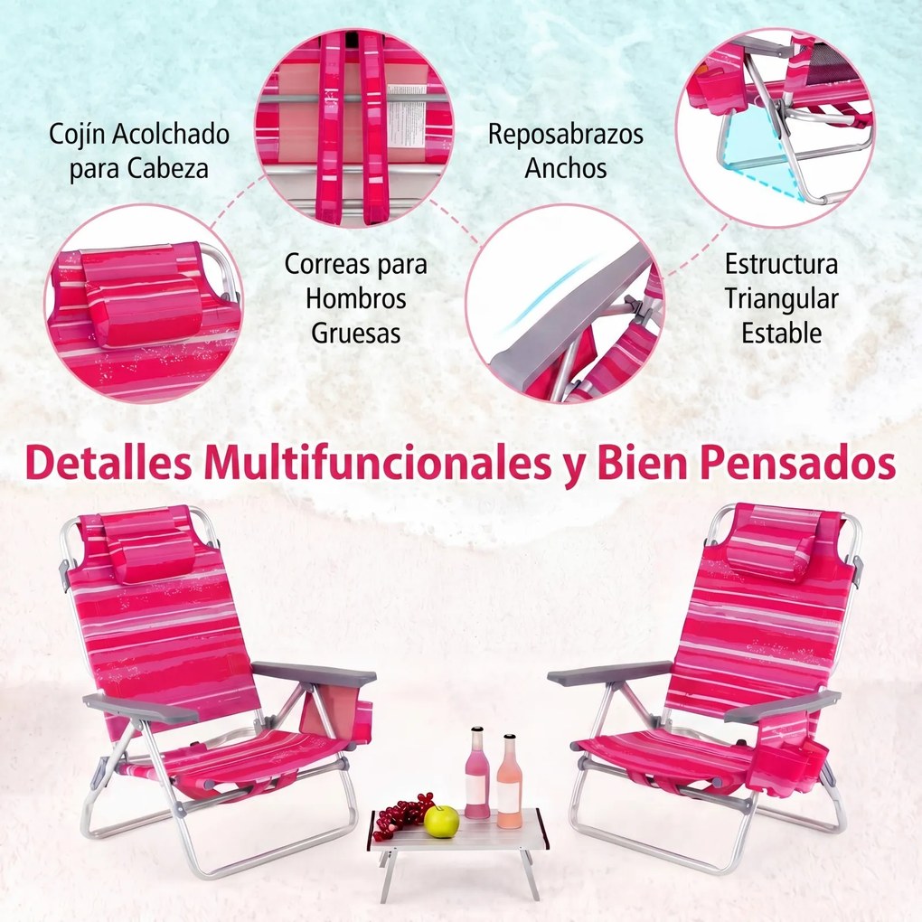 Conjunto de 3 peças: mesa e cadeiras de praia com cadeiras reclináveis, mesa dobrável em alumínio e mochila com 5 posições, com riscas cor-de-rosa