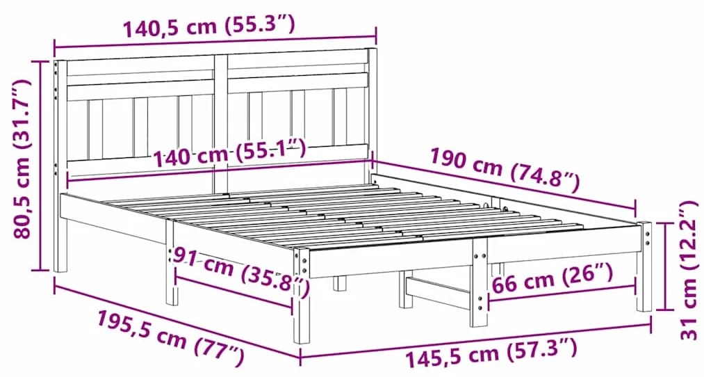 Estrutura da Cama Branco 140 x 190 cm Madeira de Pinheiro