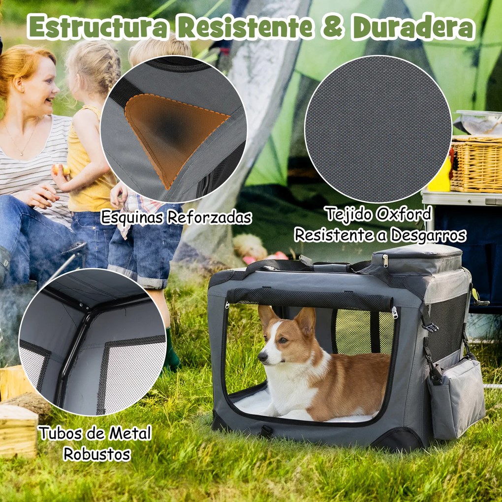 Transportadora dobrável tamanho S 61 x 43 x 43 cm para animais de estimação, com janelas de rede, 3 portas, cama felpuda e bolsos removíveis, para uso