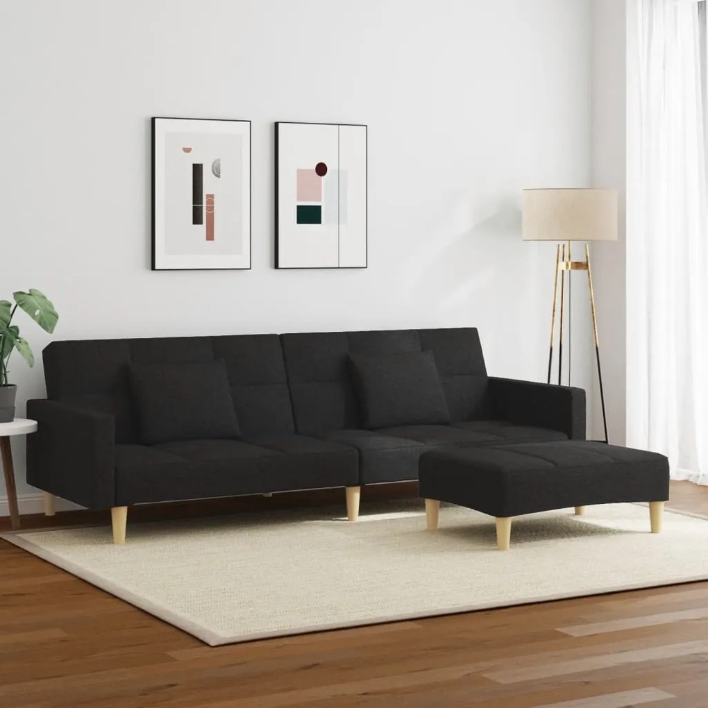 Sofá-cama de 2 lugares com apoio de pés tecido preto
