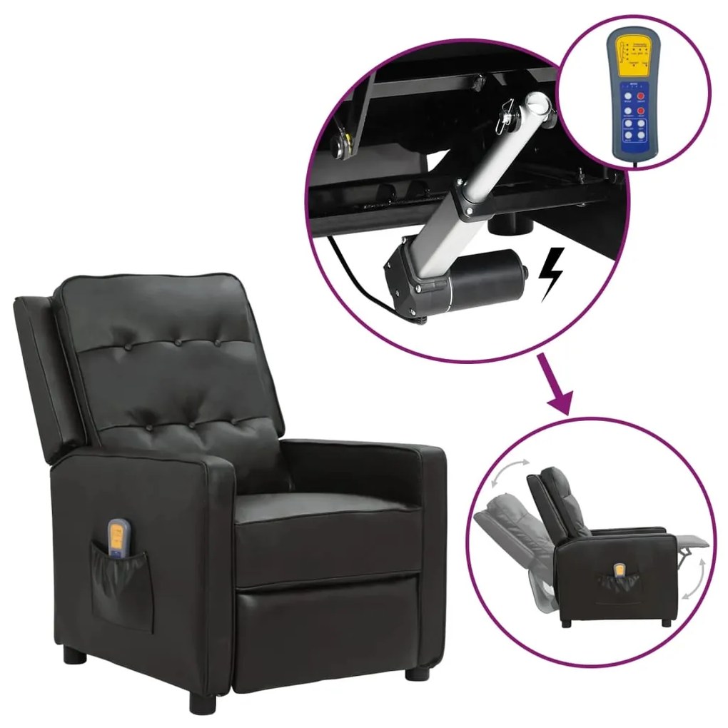 vidaXL Poltrona massagens elevatória couro artificial preto brilhante