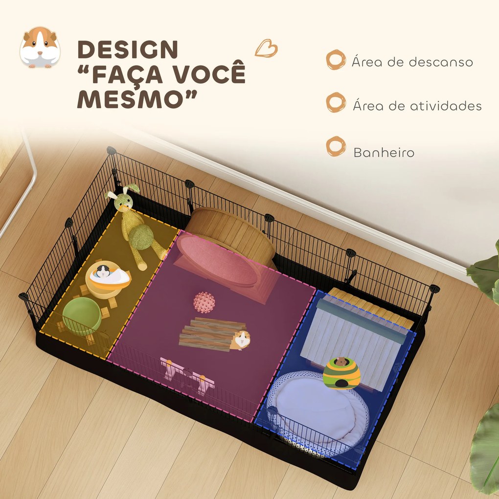 Gaiola Metálica para Animais de 12 Painéis DIY Tapete Impermeável (OUTROS ACESSORIOS NÃO INCLUIDOS) para Porquinhos-da-Índia Ouriços 120x60x40 cm Pret