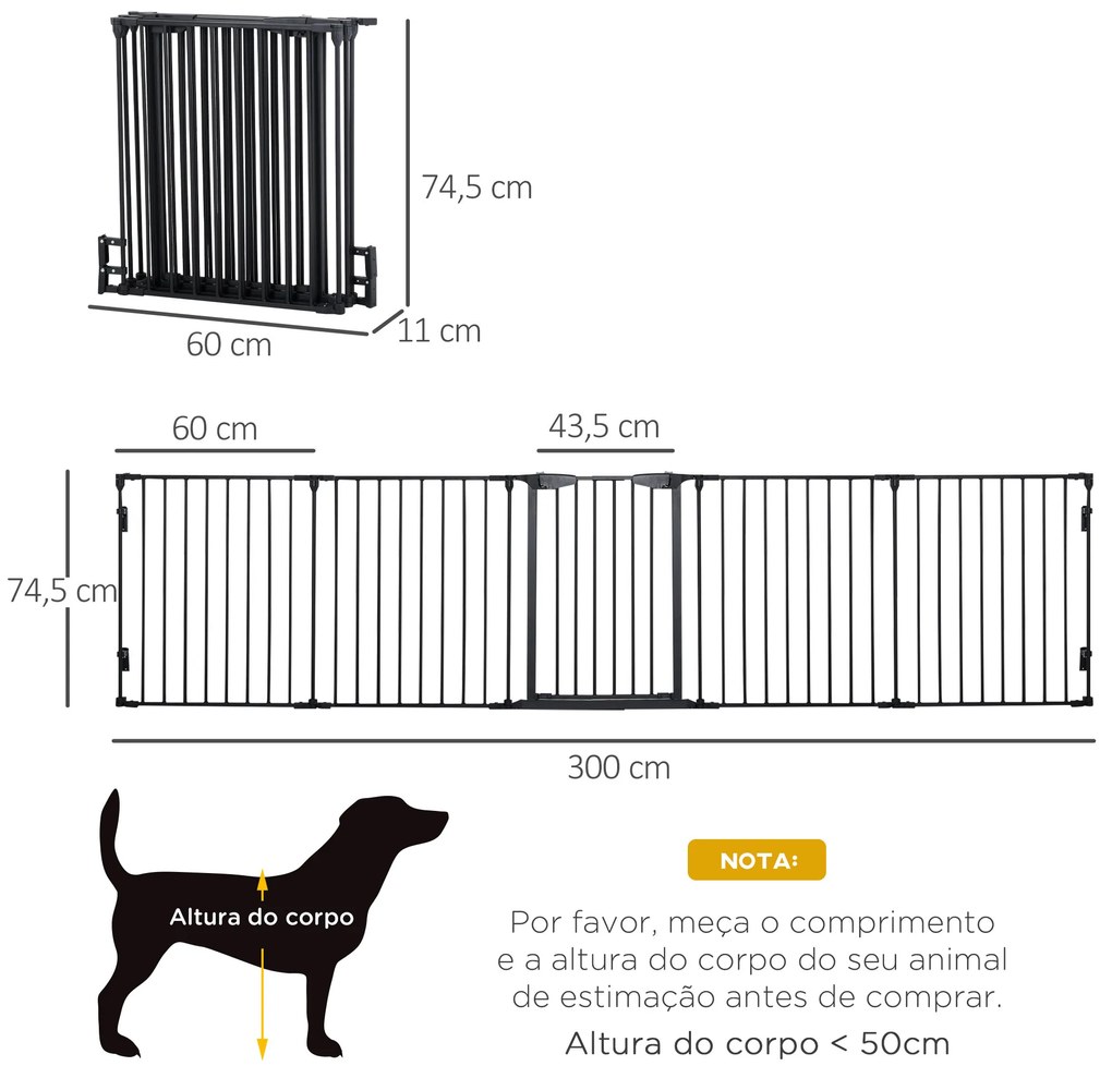 Barreira de Segurança para Animais de Estimação Barreira Dobrável de 5 Painéis com Fechadura Inteligente 300x74,5 cm Preto
