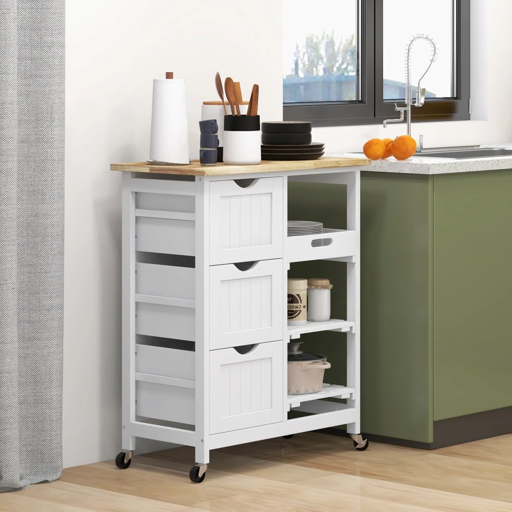 Carrinho de Cozinha com Rodas Carrinho de Serviço com 3 Gavetas 2 Prateleiras Abertas e Bandeja 67x37x85,5 cm Branco