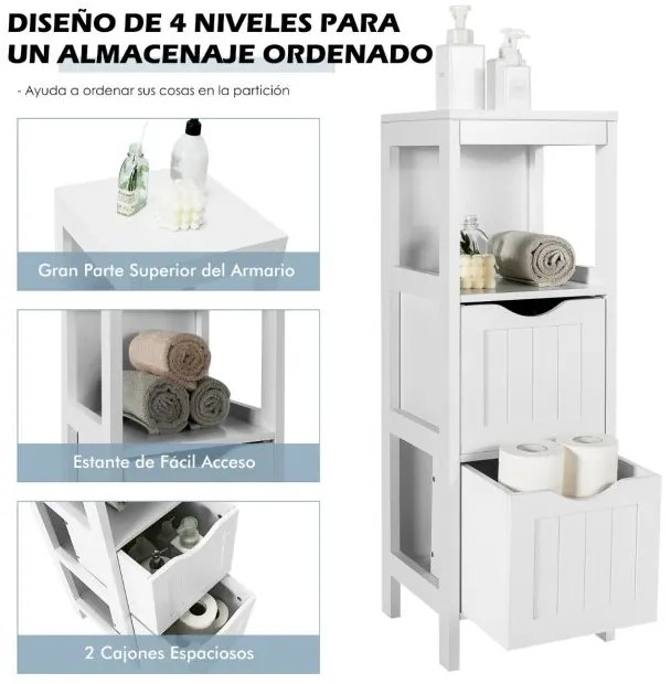 Armário de banho com 1 prateleira e 2 gavetas removíveis estreito lateral 30 x 30 x 89 cm Branco
