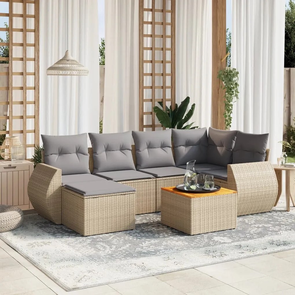 vidaXL 7 pcs conjunto de sofás p/ jardim com almofadões vime PE bege