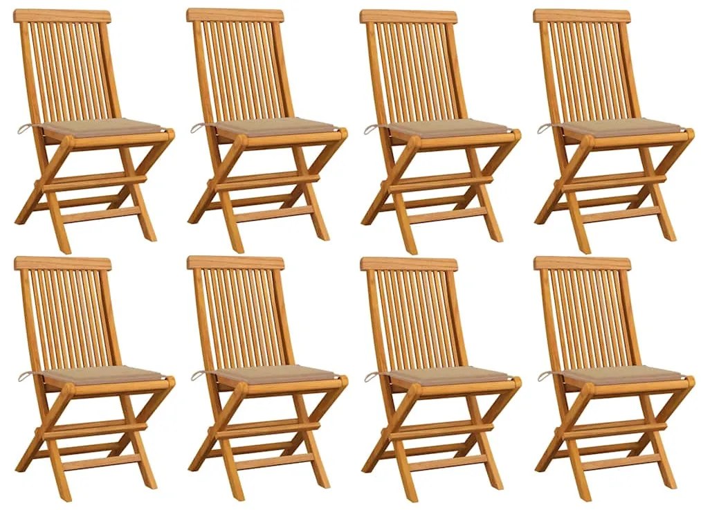 Cadeiras de jardim c/ almofadões beges 8 pcs teca maciça