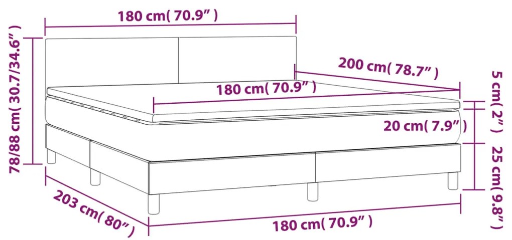 Cama box spring c/ colchão/LED 180x200cm tecido castanho-escuro