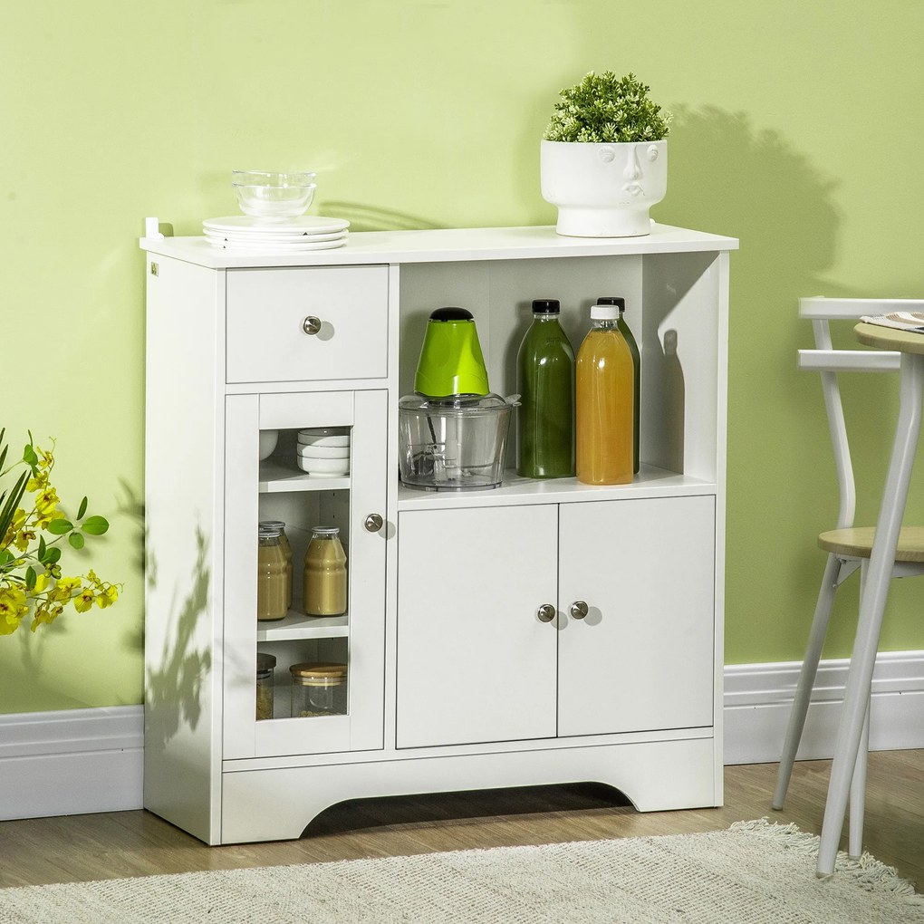 Aparador de cozinha moderno com porta de vidro, gaveta, nicho amplo e prateleiras ajustáveis 80 x 30 x 82 cm branco