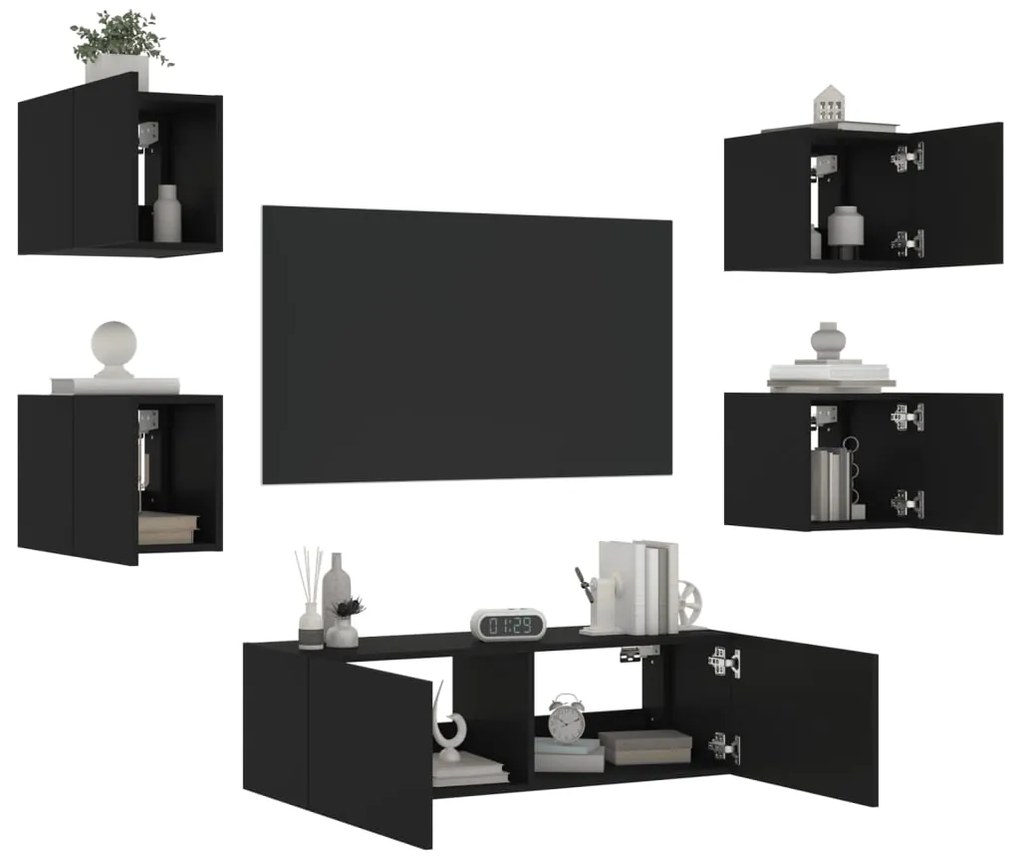 5 pcs móveis de parede para TV com luzes LED preto