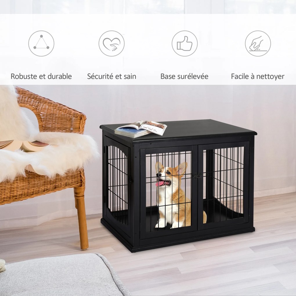 Gaiola para cães, móvel para animais, gaiola interior para cães em MDF de classe E1, 3 portas com fechadura, máx. 30 kg, 81 x 58 x 66 cm, preta