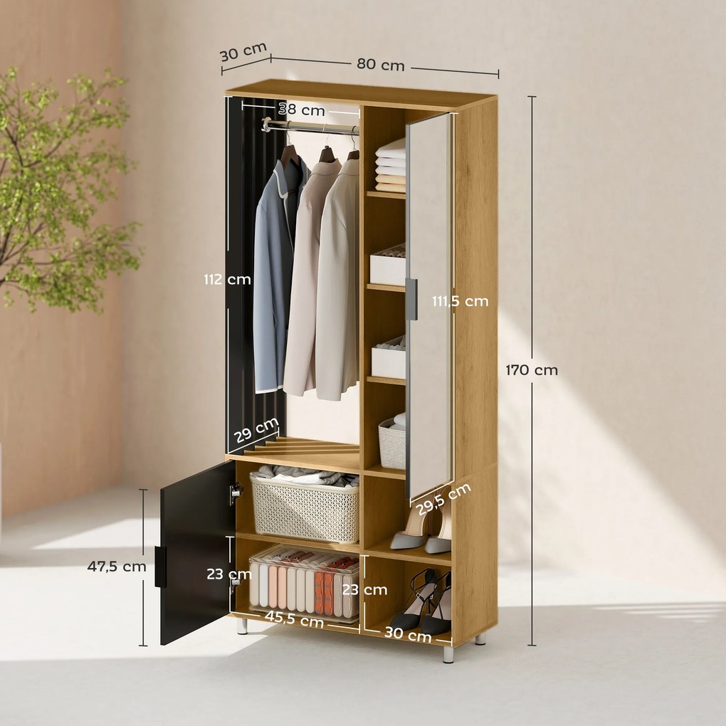 Guarda Roupa de quarto com espelho, compartimentos abertos, armário embutido e barra para pendurar roupa, 80 x 30 x 170 cm, cor madeira natural, preto