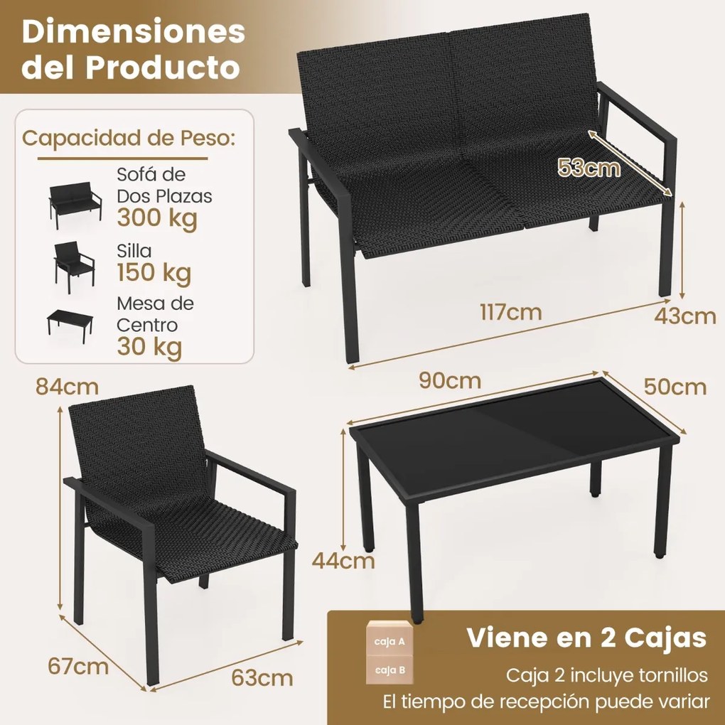 Conjunto de móveis jardim de 4 peças com estrutura metálica galvanizada robusta em vime Preto