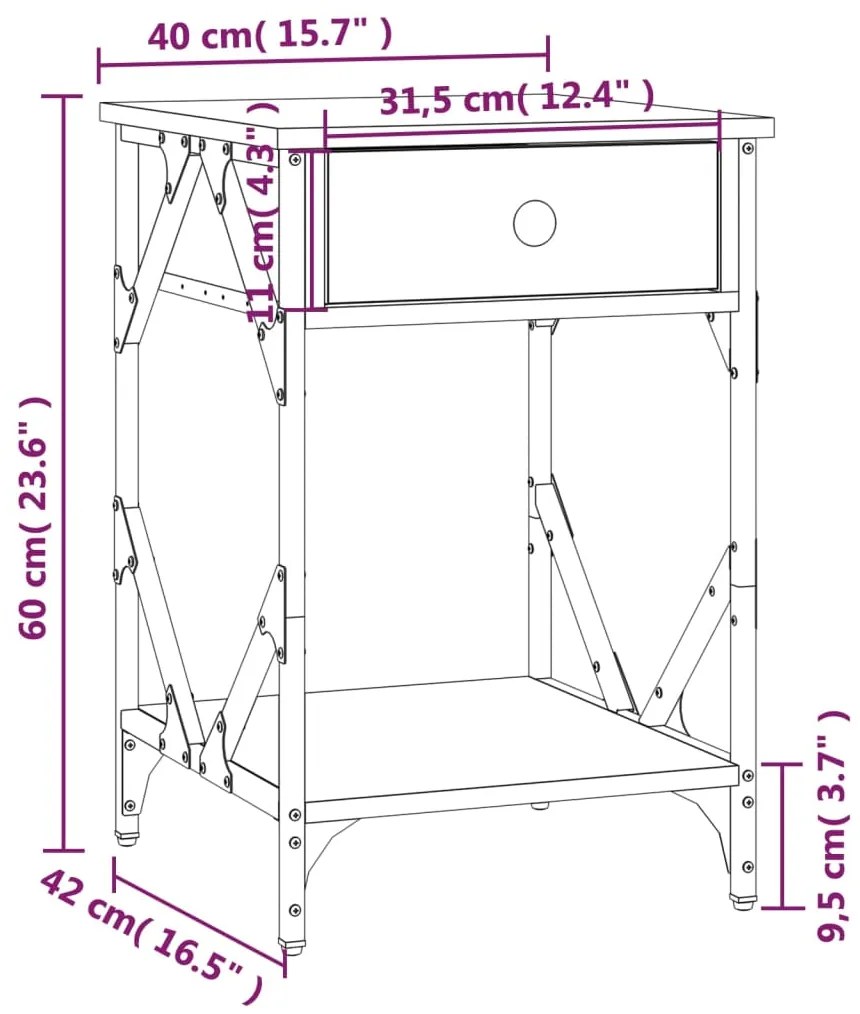 Mesa de cabeceira 40x42x60 cm derivados madeira cinzento sonoma