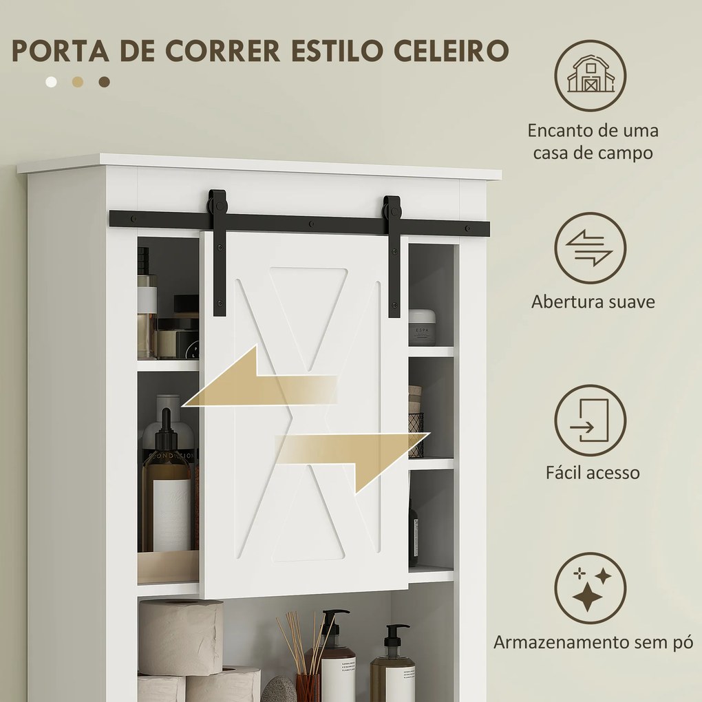 Móvel sobre Sanita com Porta de Correr Estilo Celeiro e 6 Compartimentos Móvel Casa de Banho Rústico 67x25x172 cm Branco