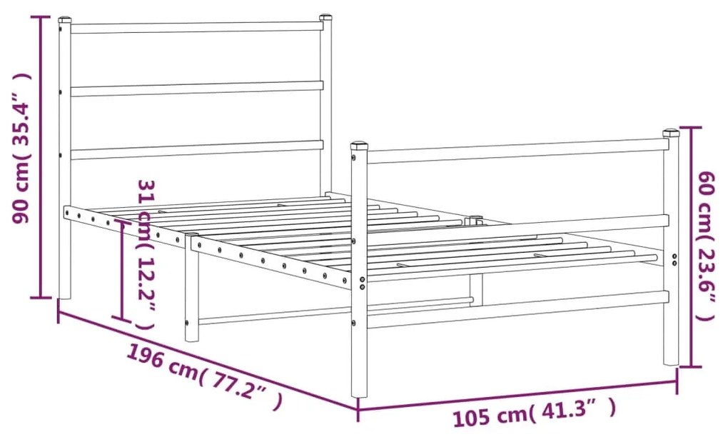 Estrutura de cama com cabeceira e pés 100x190 cm metal branco