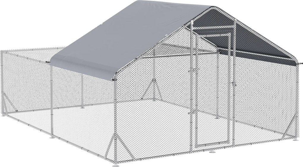 PawHut Galinheiro Canil Viveiro Exterior 12 m² Parque Gradeado 400x300x195 cm Área Coberta Aço Galvanizado | Aosom Portugal