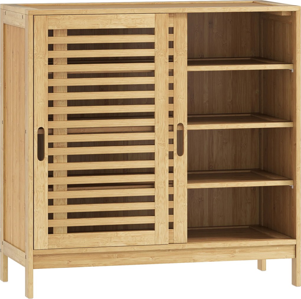 HOMCOM Sapateira de Bambu com 2 Portas de Correr de Ripas Sapateira de Entrada com Prateleiras Ajustáveis para 16 Pares de Sapatos 80x35x80 cm Madeira | Aosom Portugal