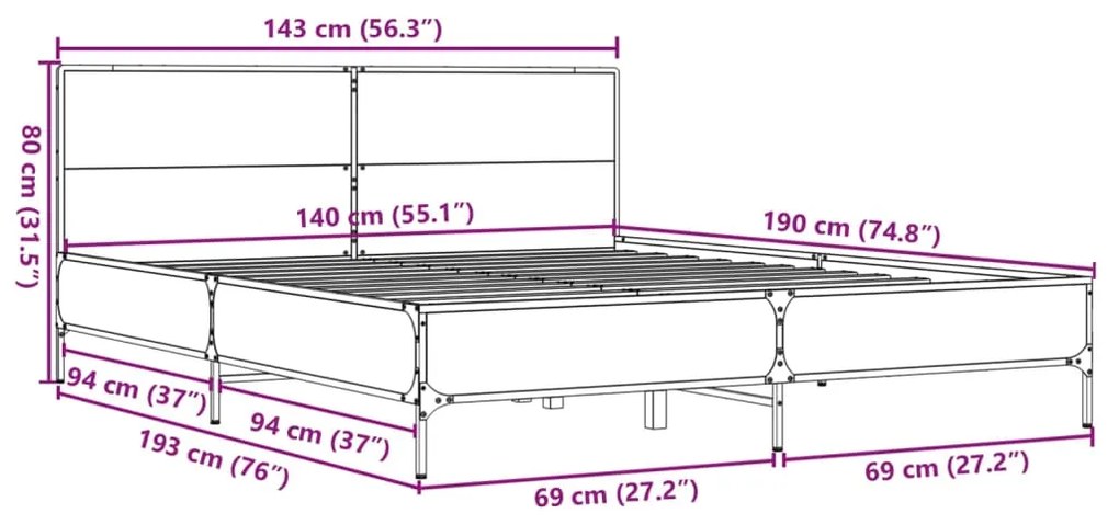 Estrutura de cama 140x190 cm derivados madeira/metal