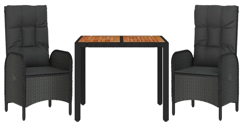 3 pcs conjunto de jantar p/ jardim c/ almofadões vime PE preto