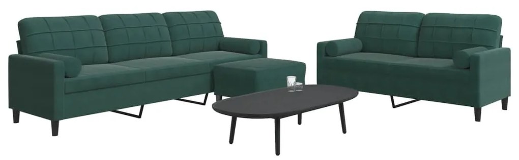 3 pcs conjunto sofás com almofadões e rolos veludo verde-escuro