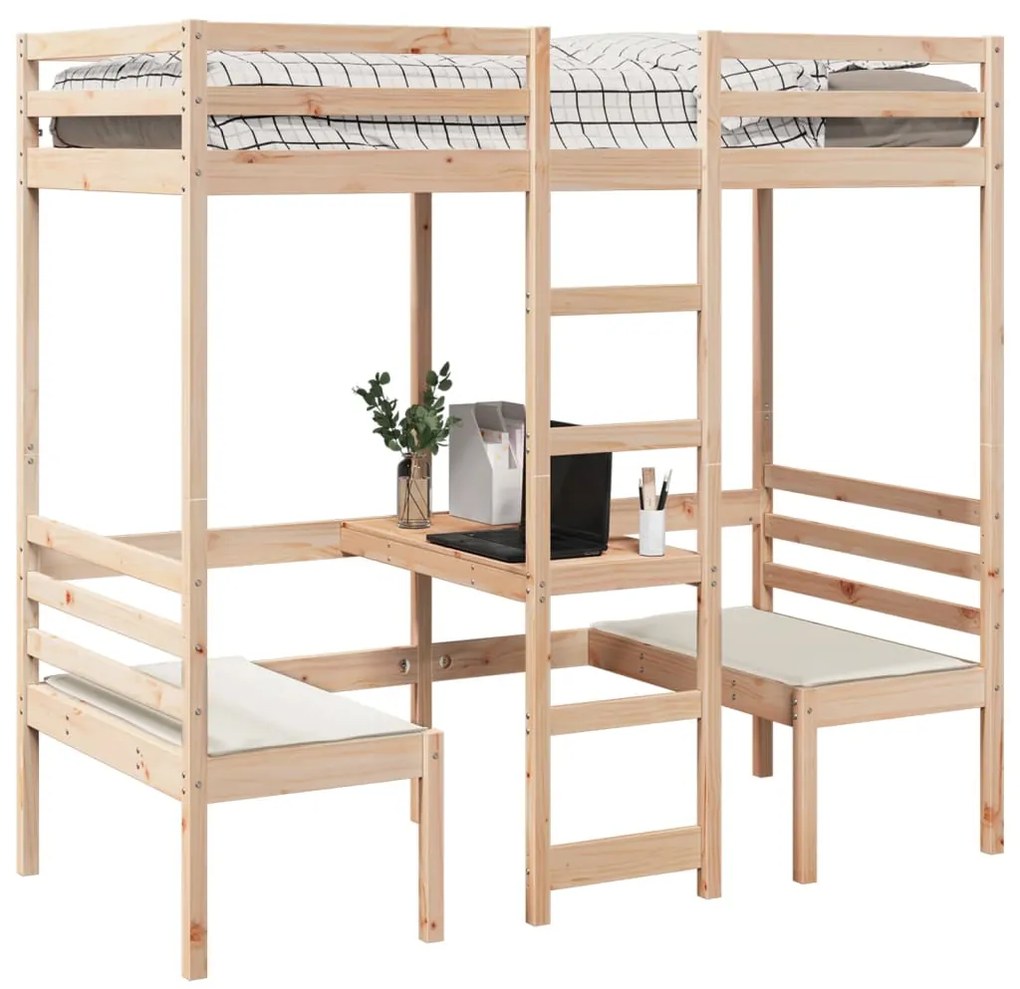 Cama alta com secretária e cadeiras 90x200 cm pinho maciço
