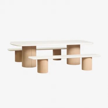 Conjunto De Mesa Retangular 270x110 Cm E 2 Bancos De Jantar Em Cimento E Madeira De Acácia Sharpay Marrom Acácia Claro - Sklum
