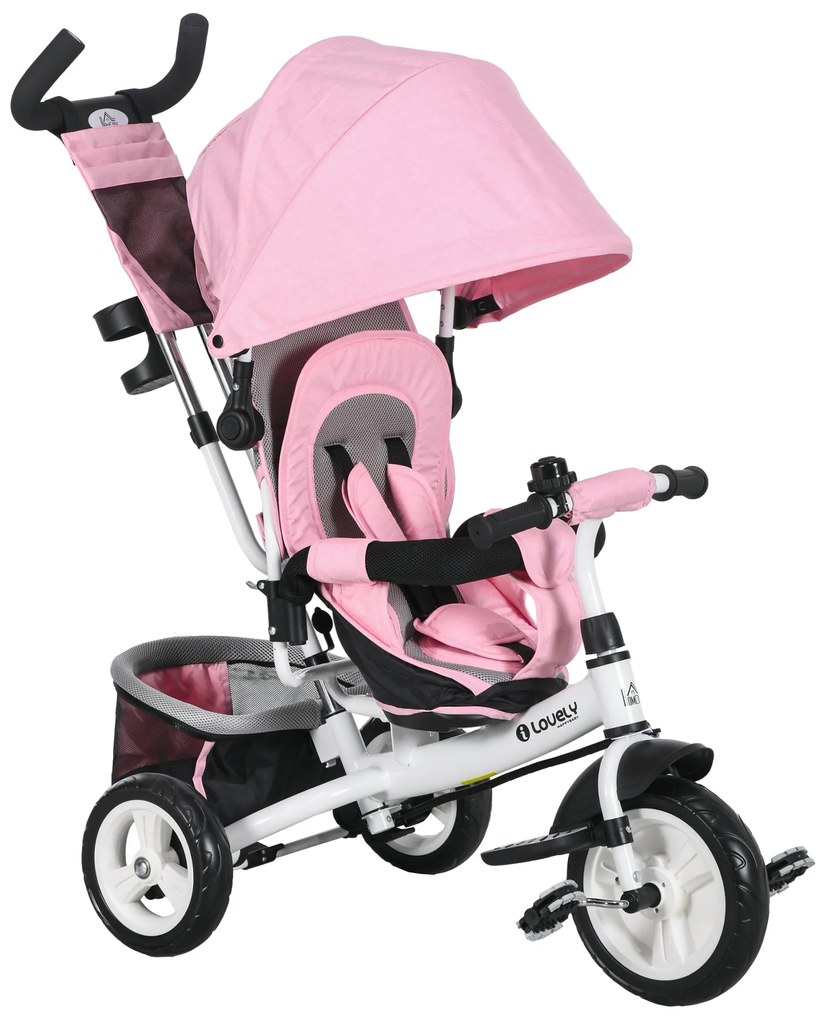 Triciclo para Bebés Evolutivo com Capota Dobrável Guiador Telescópico e Removível Bolsa e Porta-Garrafas 102x49x102 cm Rosa