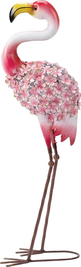 Estátua de jardim de flamingo rosa, escultura de ave em metal com penas florais, 28 x 19 x 83 cm, vermelho