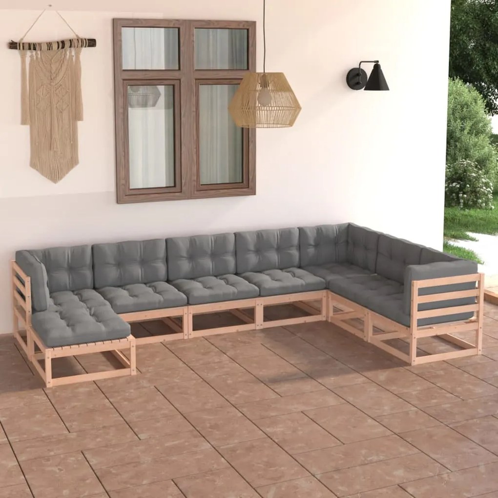 vidaXL 8 pcs conjunto lounge de jardim c/ almofadões pinho maciço