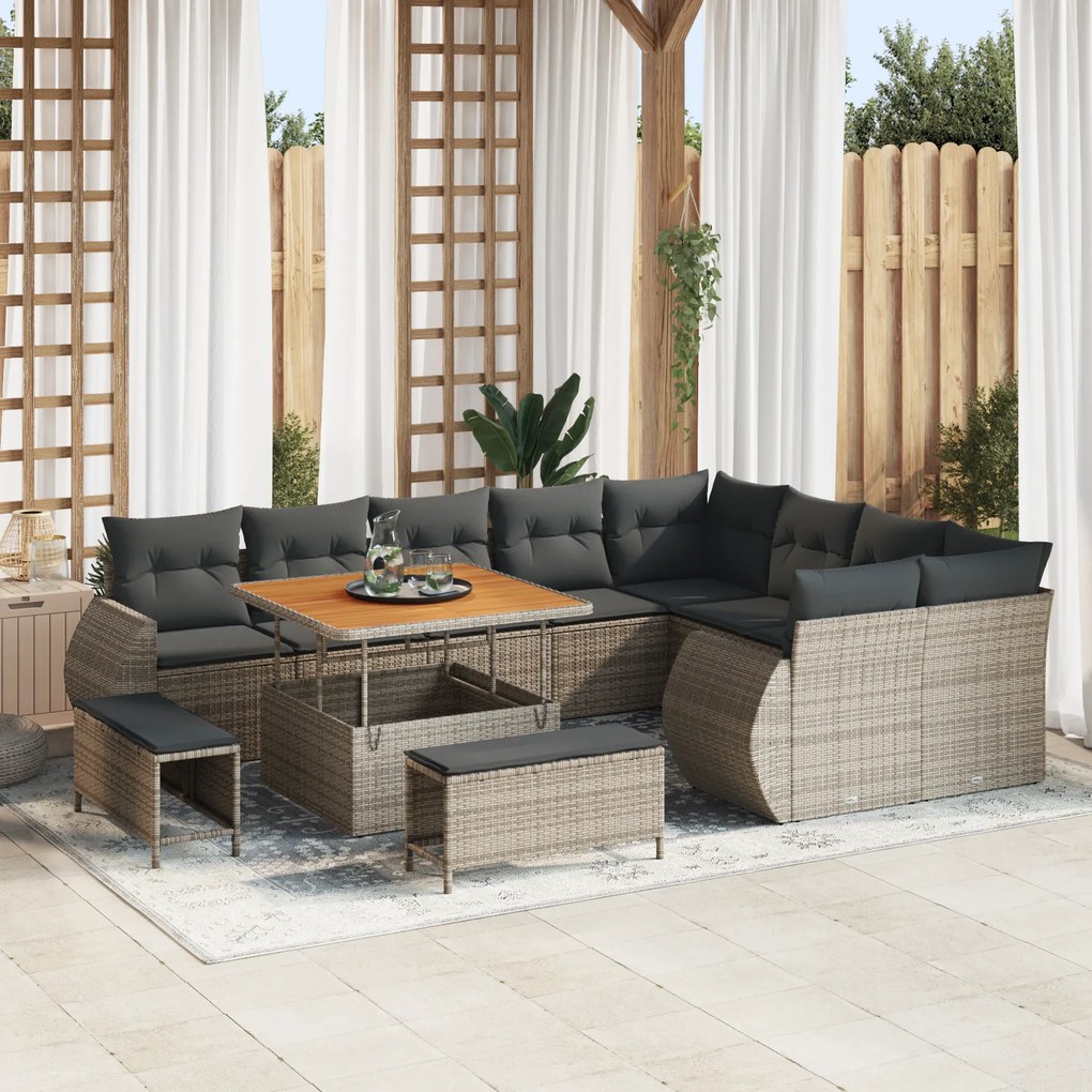 Conjunto de Sofá de Jardim vidaXL 12 Peças com Almofadas Cinza em Ratt