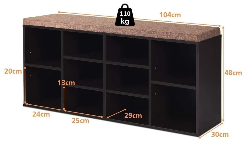 Banco Sapateira 104 x 30 x 48 cm com assento acolchoado Banco para trocar os sapatos Entrada Quarto Sala Castanha