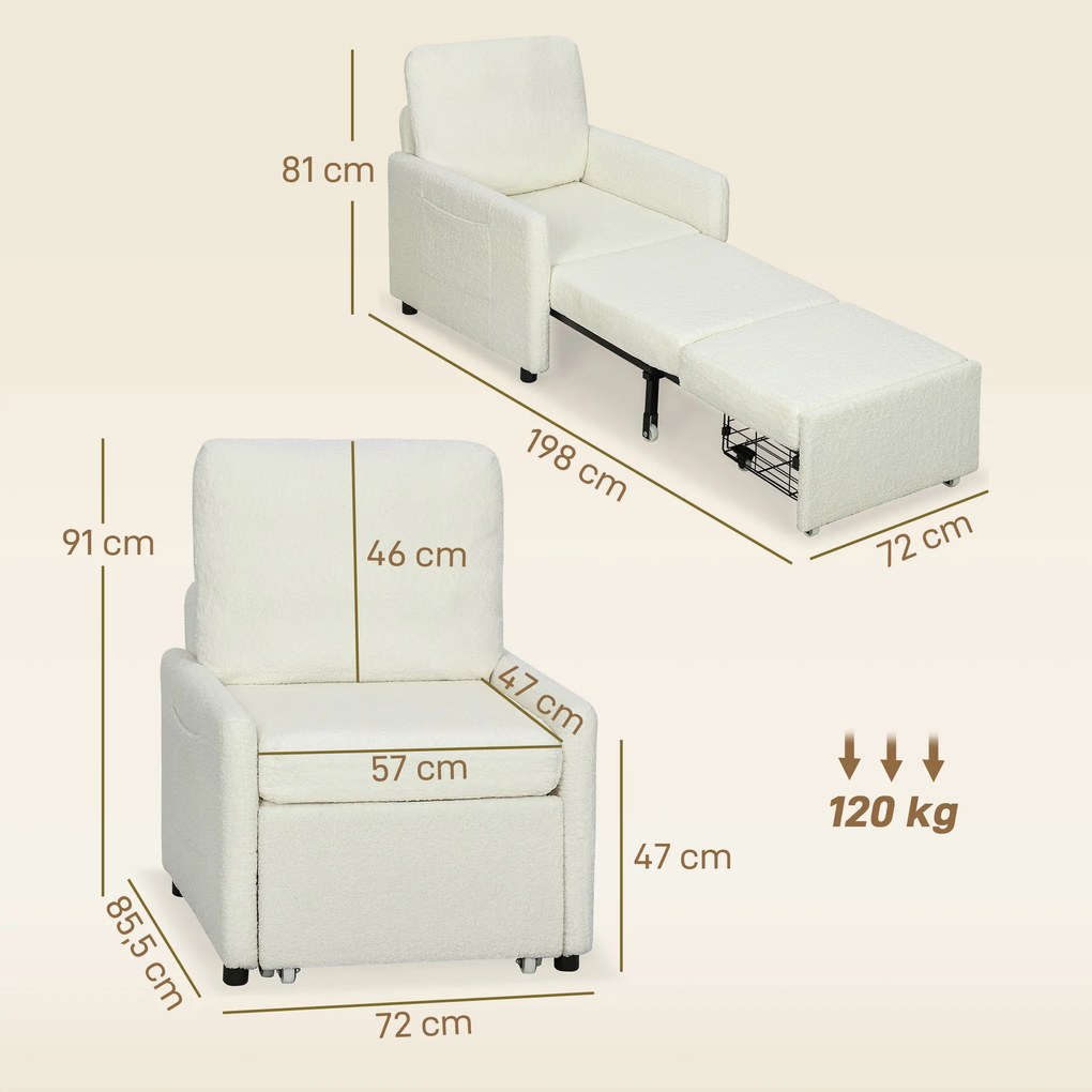 Poltrona-Cama Convertível de 1 Lugar, 85,5 x 72 x 91 cm, Arrumação Escondida, Creme