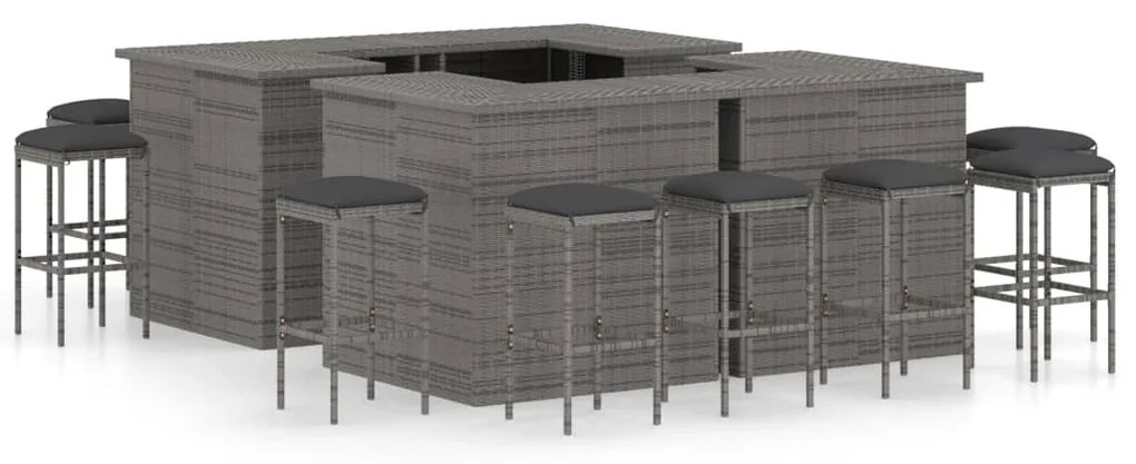 vidaXL 16 pcs conjunto de bar p/ jardim c/ almofadões vime PE cinzento