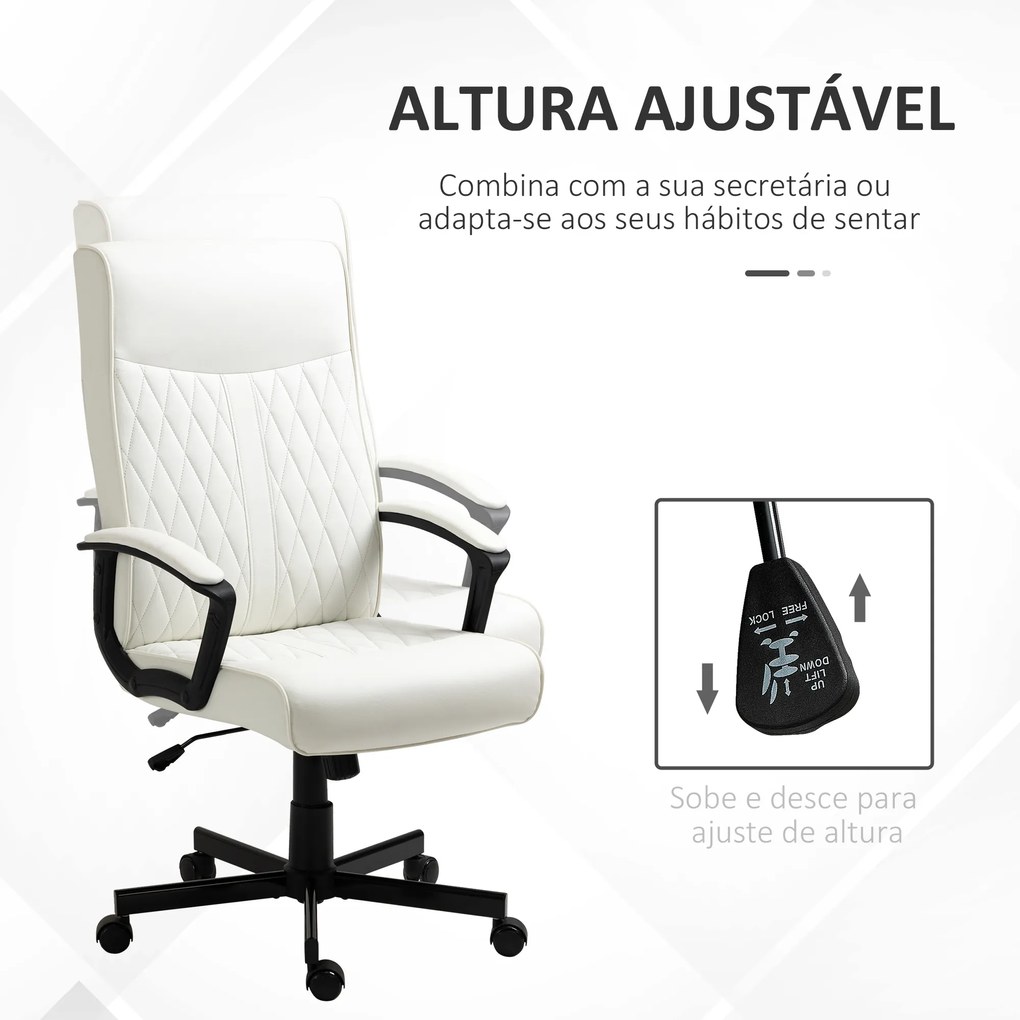 Cadeira de Escritório Giratória 360° com Encosto Alto Altura Ajustável e Função de Inclinação 65x65x102-112,5cm Creme