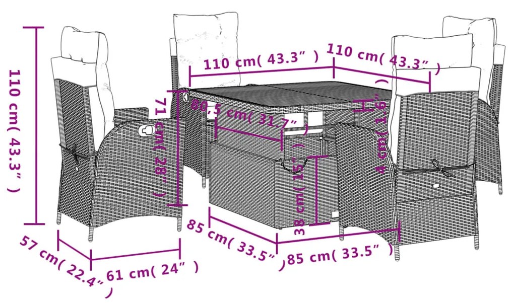 5 pcs conjunto de jantar p/ jardim c/ almofadões vime PE preto