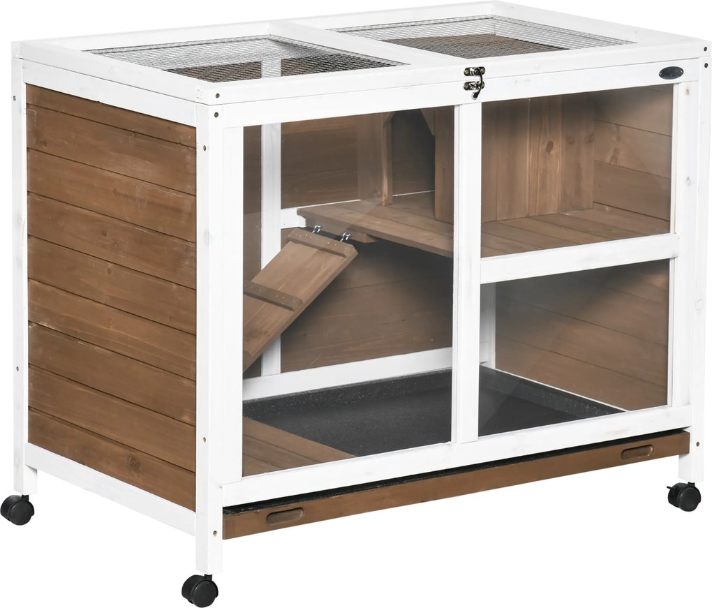 PawHut Coelheira de Madeira com Rodas 91,5x53,5x73cm Gaiola para Coelhos de 2 Níveis com Bandeja Amovível e Rampa Marrom | Aosom Portugal